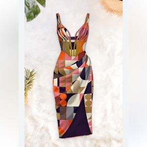 Geometric Print Midi Dress in Multi-Color